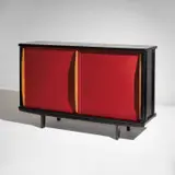 Cabinet, model no. 152 by Jean Prouvé, circa 1951, Painted steel, painted aluminum, oak, sold Jun 2022