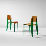 Pair of "Semi-metal" chairs, model no. 305 by Jean Prouvé, designed 1950, produced 1950-1969, Painted steel, beech-veneered plywood, sold Jun 2022
