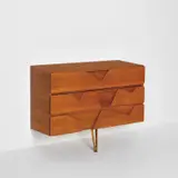Wall-mounted chest of drawers, designed for the Hotel Royal, Naples by Gio Ponti, circa 1953, African mahogany, African mahogany-veneered wood, brass, sold Jun 2022