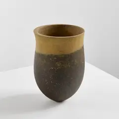 "Dark mottled pot, amber rim, flat shelf" vessel by Jennifer Lee, 1993, Stoneware, oxides, sold Jun 2022