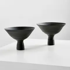James Makins, Two footed bowls, 1982, Unglazed porcelain with black oxide