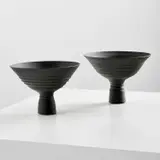 James Makins, Two footed bowls, 1982, Unglazed porcelain with black oxide