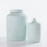 Lidded jar and vessel by Edmund de Waal, circa 1996, Porcelain, celadon glaze, sold Jun 2022