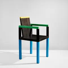 "Palace" armchair by George Sowden, circa 1983, Painted wood, sold Jul 2022