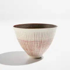 Lucie Rie, Conical bowl, circa 1954, Porcelain, interior with manganese glaze and radiating inlaid and sgraffito design, exterior with red inlaid grid