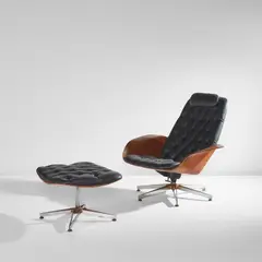 George Mulhauser, "Mr. Chair II" armchair and ottoman, circa 1962, Molded walnut plywood, chromium-plated steel, vinyl upholstery
