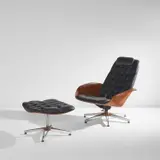 George Mulhauser, "Mr. Chair II" armchair and ottoman, circa 1962, Molded walnut plywood, chromium-plated steel, vinyl upholstery