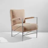Armchair, model no. 1015 AUR by Warren McArthur, circa 1936, Aluminum, fabric upholstery, sold Jul 2022