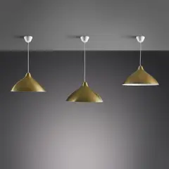 Set of three ceiling lights by Lisa Johansson-Pape, designed circa 1947, manufactured 1980s, Brass-plated aluminum, painted aluminum, sold Jul 2022
