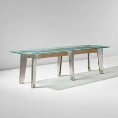 Unique dining table by Ali Tayar, 2000, Stainless steel, laminated birch plywood, glass, offered Jul 2022
