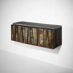 Paul Evans, "Deep Relief" wall-hanging cabinet, model no. PE-19, 1967, Painted and patinated steel, bronze, cleft slate