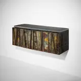 "Deep Relief" wall-hanging cabinet, model no. PE-19 by Paul Evans, 1967, Painted and patinated steel, bronze, cleft slate, sold Jul 2022