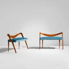 Pair of benches by Carlo Enrico Rava, 1950s, Maple, fabric upholstery, sold Dec 2022