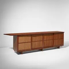 George Nakashima, Custom sliding door cabinet, 1961, Laurel, pandanus cloth