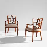 Pair of armchairs, from Casa Bonomi, Milan by Gio Ponti and Emilio Lancia, circa 1928, Walnut, brass, fabric upholstery, sold Dec 2022