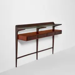 Unique wall-mounted console table by Ico Parisi, circa 1952, Brazilian rosewood-veneered wood, rosewood, glass, sold Dec 2022