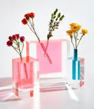 Shiro Kuramata, Three vases, circa 1989, Acrylic, glass, anodized aluminum
