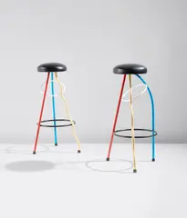 Javier Mariscal, Pair of "Duplex" stools, designed 1980, manufactured 1983-2003, Painted steel, vinyl upholstery, rubber