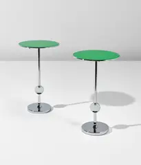 Osvaldo Borsani, Pair of "T1" side tables, 1950s, Reverse-painted glass, chromium-plated metal, chromium-plated steel
