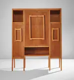 Cabinet with integrated folding table and benches by Gio Ponti, circa 1944, Walnut, particle board, brass, sold Jun 2021