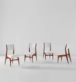 Set of four side chairs by Gio Ponti, circa 1951, Mahogany, fabric upholstery, chromium-plated metal, sold Jun 2021