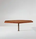 Luigi Zuccoli, Unique floor-mounted extendable dining table, designed for the "San Fermo" building, Como, circa 1954, Birch-veneered plywood, birch, walnut-veneered plywood, walnut, patinated metal, brass