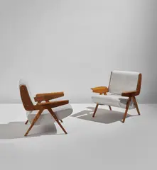 Gianfranco Frattini, Pair of lounge chairs, model no. 831, circa 1955, Ash, ash-veneered plywood, brass, fabric upholstery