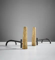 Alberto Giacometti, Rare pair of "Parallélépipédique" andirons, circa 1931, Gilt bronze, wrought iron
