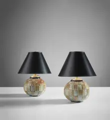 Gentil & Bourdet, Pair of vases, mounted as table lamps, circa 1925, Glazed stoneware, paper shades