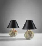 Gentil & Bourdet, Pair of vases, mounted as table lamps, circa 1925, Glazed stoneware, paper shades
