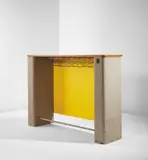 Coat rack, designed for Cité Technique, Cachan, France by Jean Prouvé, circa 1955, Painted steel, painted aluminum, painted particle board, oak, sold Jun 2021