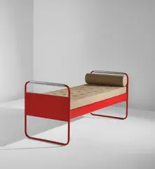 Bed, model no. 17 by Jean Prouvé, circa 1935, Painted steel, Duralumin, fabric upholstery, sold Jun 2021