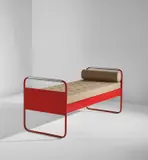 Bed, model no. 17 by Jean Prouvé, circa 1935, Painted steel, Duralumin, fabric upholstery, sold Jun 2021
