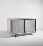 Cabinet by Jean Prouvé, 1950s, Painted aluminum, aluminum, painted steel, oak, sold Jun 2021