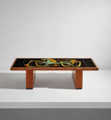 Vladimir Kagan, Coffee table, circa 1949, Glazed ceramic, oak, walnut-veneered wood, painted wood