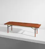 Finn Juhl, Bench/low table, model BO 101, circa 1953, Teak-veneered wood, teak, brass, painted steel