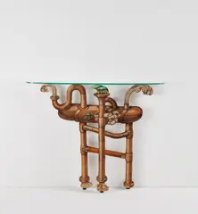 John Cederquist, Console table, circa 2001, Birch and oak plywood, aniline dyes, epoxy resin, glass