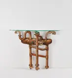 John Cederquist, Console table, circa 2001, Birch and oak plywood, aniline dyes, epoxy resin, glass