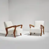 Gio Ponti, Pair of armchairs, circa 1950, Walnut, fabric upholstery
