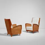 Gio Ponti, Pair of rare armchairs, model no. 489, 1950s, Walnut, cane, fabric upholstery
