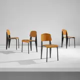 Set of four "Semi-metal" chairs, model no. 305 by Jean Prouvé, designed 1950, produced 1950-1969, Beech-veneered plywood, painted steel, rubber, sold Dec 2021