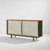 Important cabinet, model no. 150 by Jean Prouvé, 1950s, Painted steel, pressed diamond point aluminum, oak, oak-veneered wood, brass, sold Dec 2021