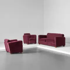 Jean Royere, Sofa and pair of armchairs, circa 1934, Oak, fabric upholstery