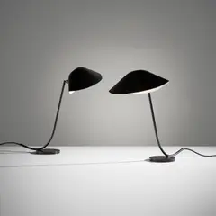 Pair of "Antony" desk lamps by Serge Mouille, circa 1955, Painted steel, painted aluminum, brass, sold Dec 2021