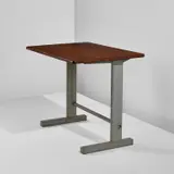 "Cité" desk, model no. 500 by Jean Prouvé, circa 1952, Painted steel, oak, sold Dec 2021