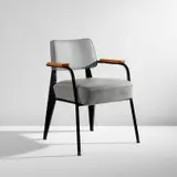 "Direction" armchair, model no. 352 by Jean Prouvé, designed 1951, produced 1950s, Painted steel, oak, leather upholstery, rubber, sold Dec 2021