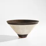 Lucie Rie, Conical bowl, circa 1978, Porcelain with manganese glaze, radiating inlaid and sgraffito design