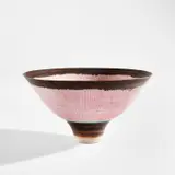 Lucie Rie, Footed bowl, circa 1978, Porcelain, inlaid pink radiating lines, turquoise and manganese bands