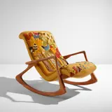 "Contour" rocking chair, model no. 175F by Vladimir Kagan, designed circa 1953, Walnut, embroidered fabric upholstery, sold Dec 2021
