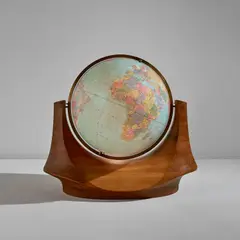 John Nyquist, Unique illuminated floor globe, 1972, Stack-laminated mansonia, Replogle fiberglass globe, brass